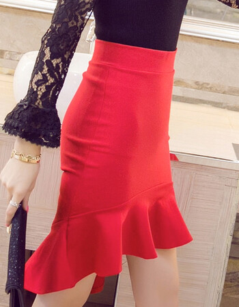 鱼尾裙半身裙2018夏季包臀弹力燕尾裙女中裙大码修身荷叶边裙 红色 xl