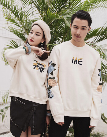 情侣装春装2018新款刺绣印花情侣卫衣韩版潮学生bf宽松外套春季 米