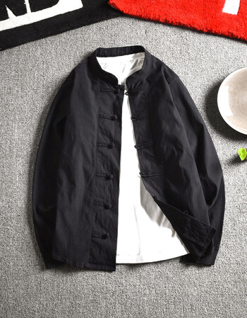 秋季新款男士立领盘扣中国风长袖衬衫修身衬衣 黑色 3xl