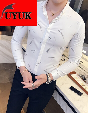 uyuk长袖衬衫男秋季英伦修身时尚长袖青年个性潮流休闲衬衣男装花寸衣