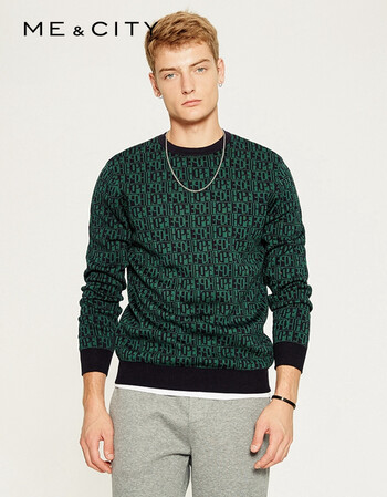 mecity男装字母几何图案印花圆领修身纯棉长袖针织毛衫519126 绿色组