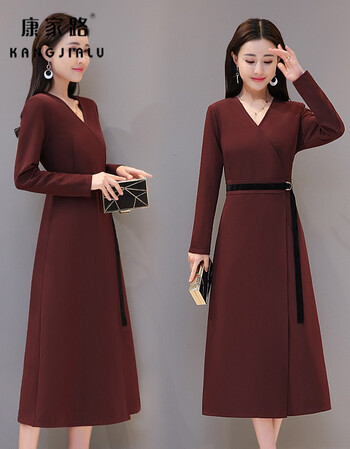 路2018春季韩版新款连衣裙女时尚中长款气质修身v领长袖春秋裙 猪肝色