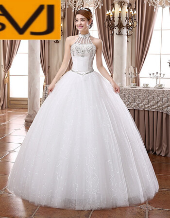 msj挂脖韩式婚纱裙女2018新款抹胸镶钻修身时尚绑带结婚齐地新娘显瘦