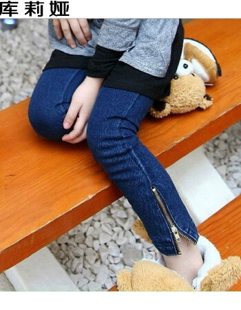 库莉娅童装春秋中小童宝宝修身童裤儿童小脚牛仔裤女童裤子 深蓝加绒