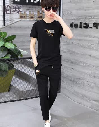 青少年短袖t恤男夏季2018新款韩版潮流衣服初中学生运动两件套装 黑色