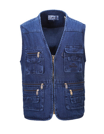春秋款男士马甲中老年牛仔加肥加大多口袋户外休闲马夹男外套背心