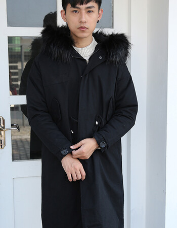 男士大毛领军大衣连帽棉衣男长款过膝棉服冬季韩版加厚棉大衣外套
