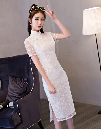 夏尔维纳走秀蕾丝旗袍夏季2018新款女长款端庄大气日常中袖演出旗袍
