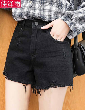 佳泽雨破洞牛仔短裤女2018春夏新品韩版宽松休闲三分裤 黑色 m_ 5折