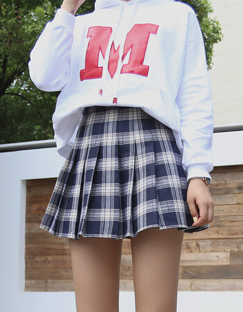 高腰裙裤a字裙短裙格子半身裙春季新款韩版学生a型大码棉百褶裙女 蓝