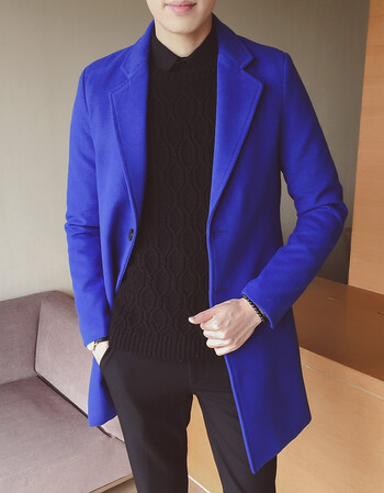 大衣男韩版中长款修身毛妮外套春季2018新款潮流帅气风衣男 宝蓝色