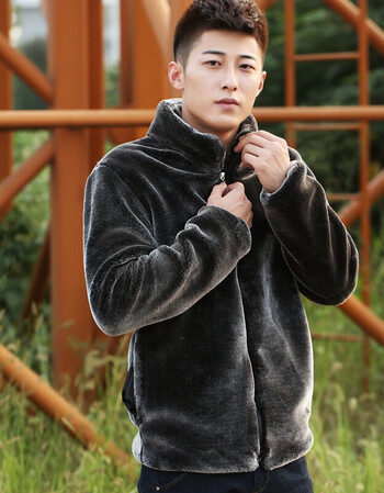 立领仿皮草男士外套貂皮拉链保暖加绒加厚韩版修身短款上衣新 银色 s