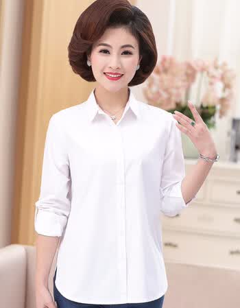 中年女衬衫长袖40-50岁薄款妈妈春装短款衬衣中老年纯色百搭上衣 白色