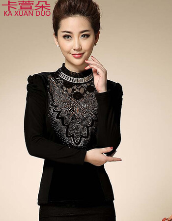 卡萱朵   秋冬加绒加厚网纱T恤 蕾丝高领打底衫 女装小衫#8910 黑色 3XL