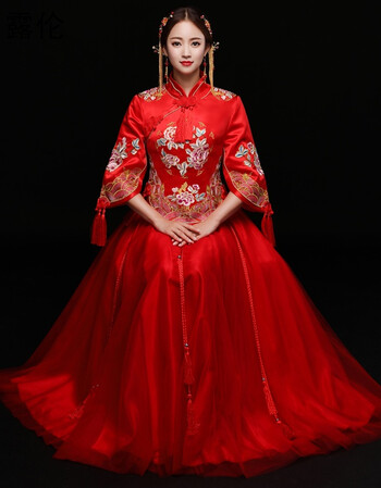 服新娘2017新款龙凤褂结婚中式婚纱拖尾敬酒礼服大码古装嫁衣 红色 l
