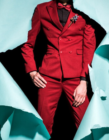 主题服装男士西服套装户外摄影拍照西装礼服旅拍演出主持服装 红色 深