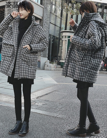 冬季新款原宿外套韩版小个子女装复古格子中长款加厚棉衣棉服 灰色 s