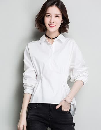 2018春装新款棉白衬衫女宽松大码蝙蝠袖女衬衣套头 白色 m