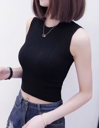 无袖上衣女式背心t恤白色紧身短款外穿夜店装打底高腰露脐针织衫 黑色