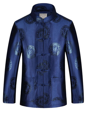 中老年唐装男士长袖夹克爷爷过寿婚宴中式礼服老人春秋福字外套 蓝色