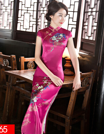 年会旗袍冬2018新款改良走秀连衣裙大码性感端庄大气少女 玫红色 7265