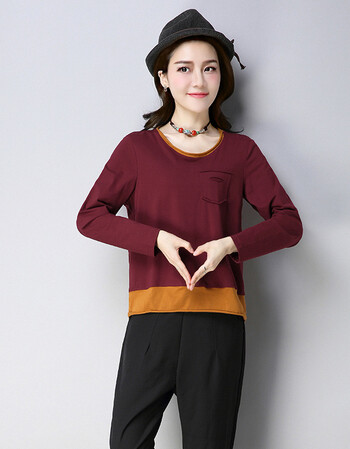 女装大码春秋季文艺范拼接宽松女士t恤中国风民族风长袖上衣 枣红色