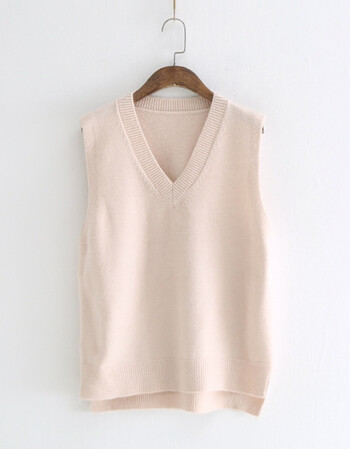 文艺清新风春装v领开叉针织马甲套头宽松背心上衣女 米色 均码