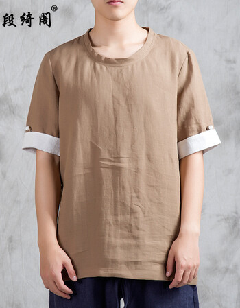 段绮阁 夏季中国风男装棉麻t恤圆领翻边短袖中式大码麻布衣复古禅意茶