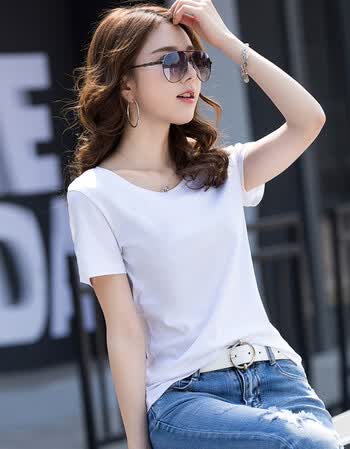 丝光棉短袖t恤女百搭圆v领汗衫半袖纯棉白色体恤打底上衣 白色 圆领 m