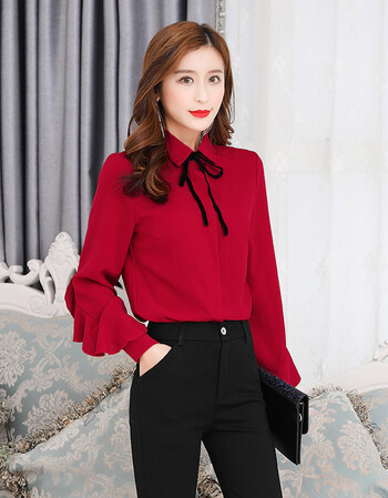 雪纺衬衫女春装新款女装上衣系带翻领荷叶边长袖衬衣打底小衫 红色 xl