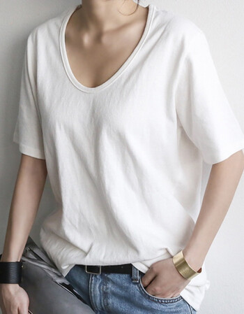 夏装纯色大领口t恤女宽松短袖纯白t上衣bf体恤白色t简约t恤女低领
