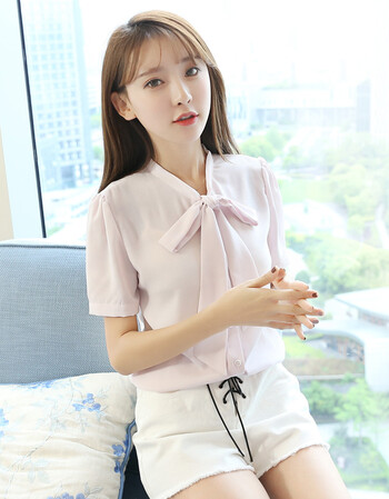 韩范v领蝴蝶结飘带学生时尚职业ol气质雪纺长袖白衬衫女宽松显瘦 粉色