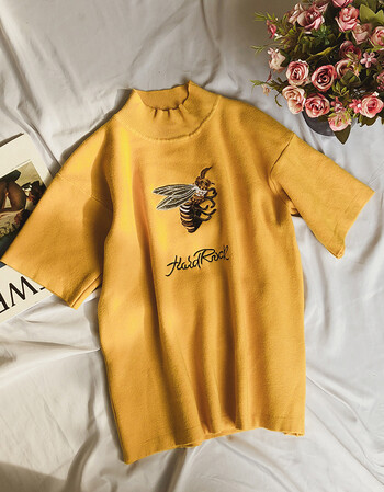 果果木2018早春新款女装chic修身套头短袖打底毛衣刺绣小蜜蜂半袖针织