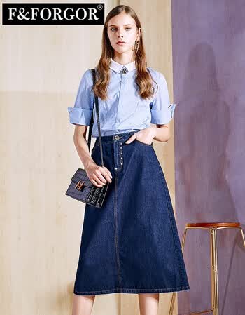 f&forgor轻奢品牌半身裙女简约休闲学院风纯色中长款牛仔裙2018春新款