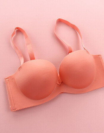 可拆卸无肩带半杯一片式无痕文胸 聚拢礼服小胸钢圈中厚内衣 桃粉色