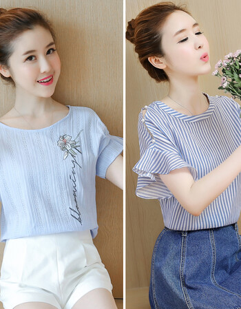 短袖女装夏装2018韩版雪纺衫上衣服女夏季衬衫百搭小衫短款 1001白色