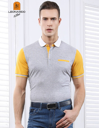 利奥纳多leonardo di gasun 珠地全棉轻薄舒适拼净色领短袖t恤 灰色