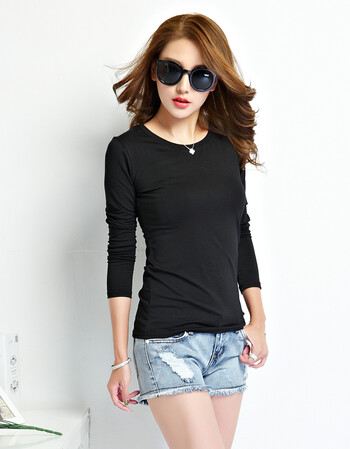 2016长袖t恤修身春秋打底衫女 女士上衣圆领体恤紧身纯色棉潮纯者