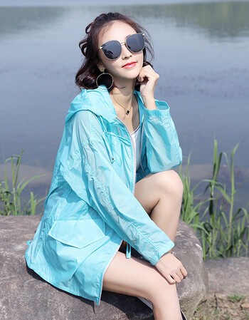 2018夏季新款中长款纯色防晒衣宽松大码长袖连帽户外休闲沙滩女服