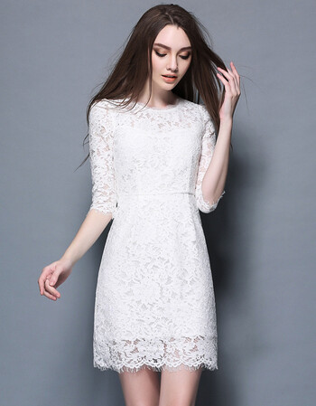 2018春装白色蕾丝连衣裙女 大码女装七分袖连衣裙 白色 s