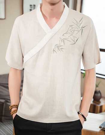 潮牌日系复古民族风亚麻半截袖刺绣竹子短袖t恤男宽松汗衫大码男装 浅