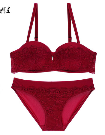 女式蕾丝性感半杯内衣女士聚拢学生文胸套装小胸加厚红色胸罩 酒红色