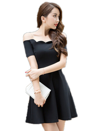 夏2018性感一字领露肩连衣裙修身显瘦a字裙时尚晚礼服女 黑色 m