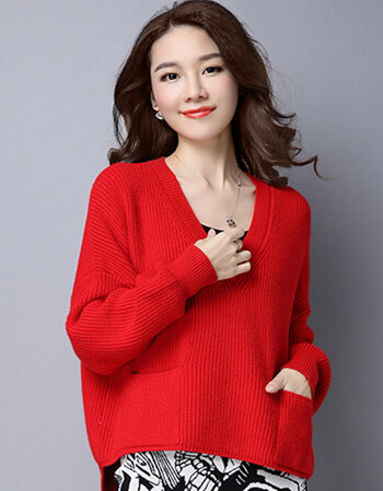 粗针大款毛衣女秋冬套头短款前短后长针织打底衫阔袖外穿韩版宽松