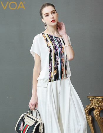 41姆米重磅时尚印花撞色拼接立体装饰斜领套头蝙蝠袖上衣 初白(w55)