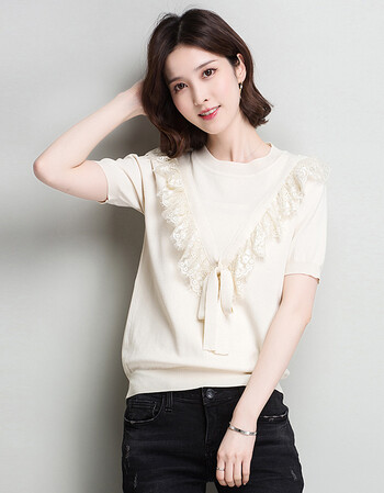 侈町针织衫女短袖体恤冰麻上衣宽松夏天衣服2018新款薄款t恤丅血 杏色