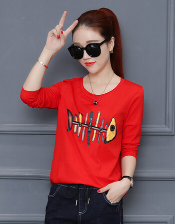 2018春季上衣女潮长袖t恤韩版新款女装打底衫时尚印花百搭上衣服 红色