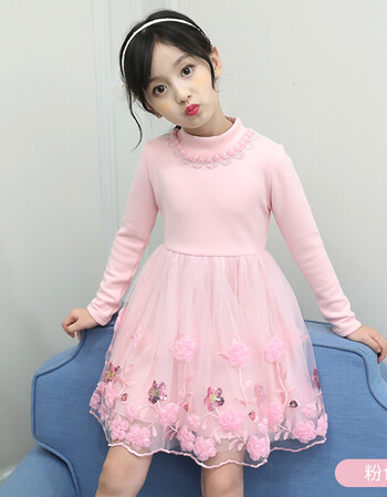 女童连衣裙秋冬装加绒加厚长袖高领儿童公主裙小女孩网纱裙子亮片花朵