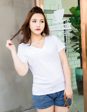 夏季纯色大码短袖t恤加肥加大胖mm200斤百搭淑女v领宽松简约上衣 白色