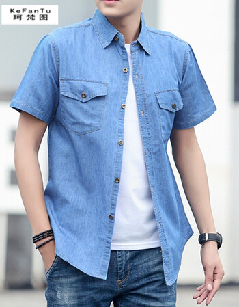 珂梵图夏季牛仔短袖衬衫衬衫男短袖薄款上衣服男宽松青年色衬衣大码棉